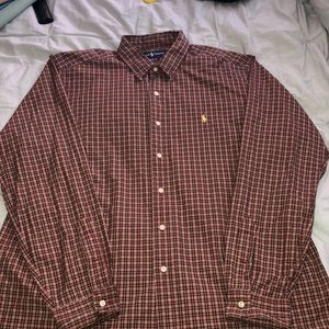 Red and black plaid polo button down